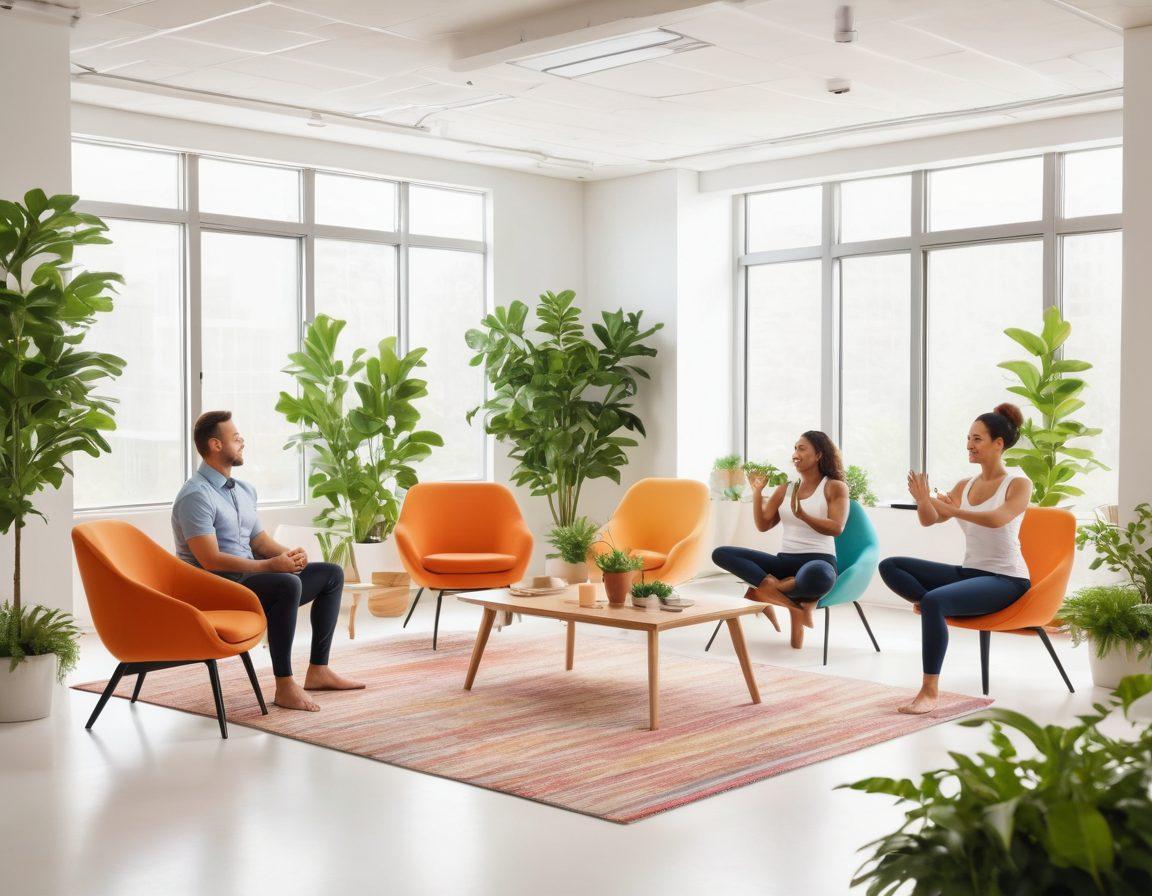 A vibrant office scene showcasing diverse employees engaging in wellness activities such as yoga and group discussions, with happy expressions and open workspaces filled with greenery. Include elements like motivational posters and relaxation areas with comfortable seating. The atmosphere should radiate positivity and productivity, symbolizing a balance between work and well-being. super-realistic. vibrant colors. white background.