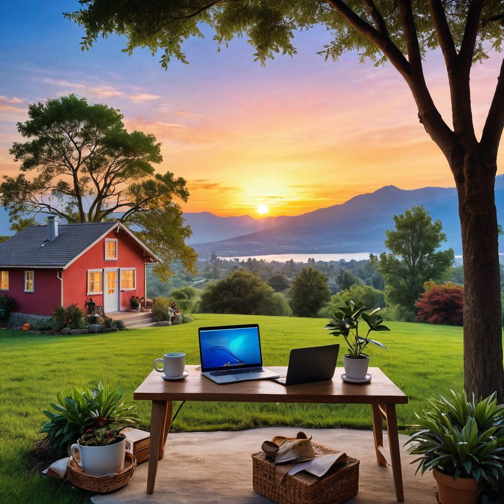 A serene split-scene image showcasing a harmonious balance between work and life: one half depicting a cozy home office with a laptop, plants, and a steaming coffee cup, while the other half shows a peaceful nature scene with a family enjoying a picnic under a tree. The sky should blend from a calm morning blue to a vibrant sunset, symbolizing balance. super-realistic. vibrant colors. harmonious composition.