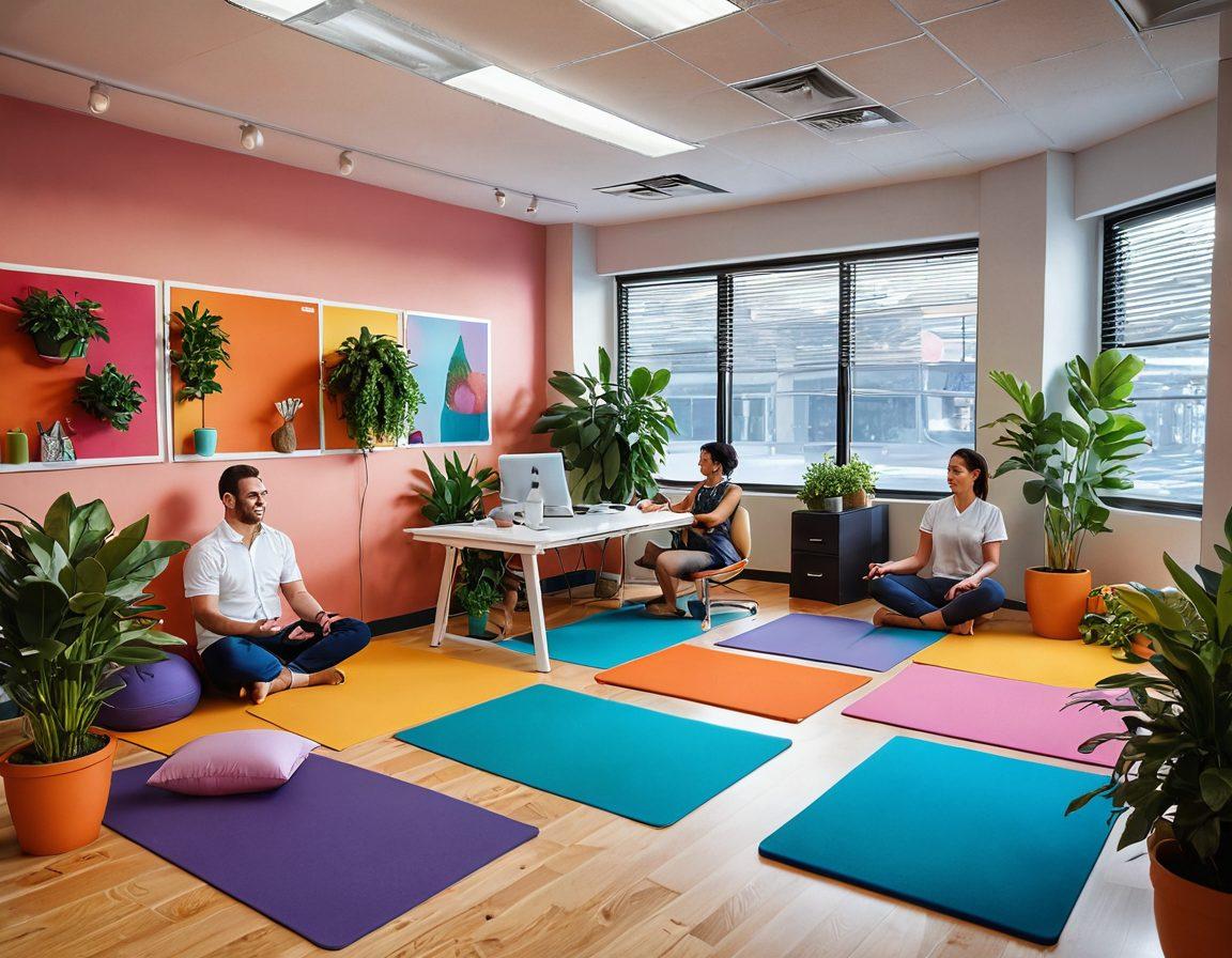A vibrant office space filled with diverse IT employees working collaboratively and smiling. Showcase elements of work-life balance like yoga mats in the corner, plants for a fresh atmosphere, and a cozy relaxation area with bean bags. Bright, joyful colors to evoke a sense of happiness and productivity. super-realistic. vibrant colors. 3D.